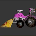 Pink Toy Tractor With Yellow Shovel Black Wheels And Red Pattern Design