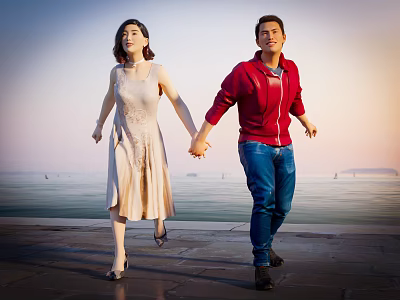 Couple Holding Hands Walking By Seaside In Light Dress And Red Jacket 3d model