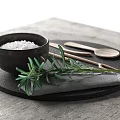 Modern Tableware Set With Black Stone Tray Bowl Utensils Napkin Rosemary