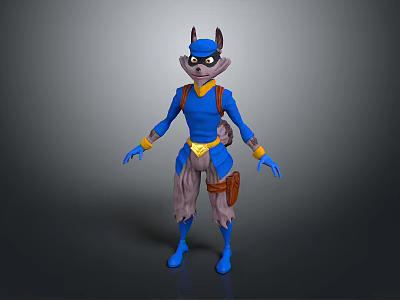 Anthropomorphic Fox Game Character in Blue Outfit with Yellow Accents Masked 3D Model Standing Pose 3d model
