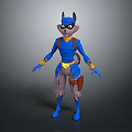 Anthropomorphic Fox Game Character in Blue Outfit with Yellow Accents Masked 3D Model Standing Pose