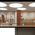 Clothing Store Interior With Circular Ceiling Lights Brown Pillar Racks Mannequins Plants And Wooden Cabinets