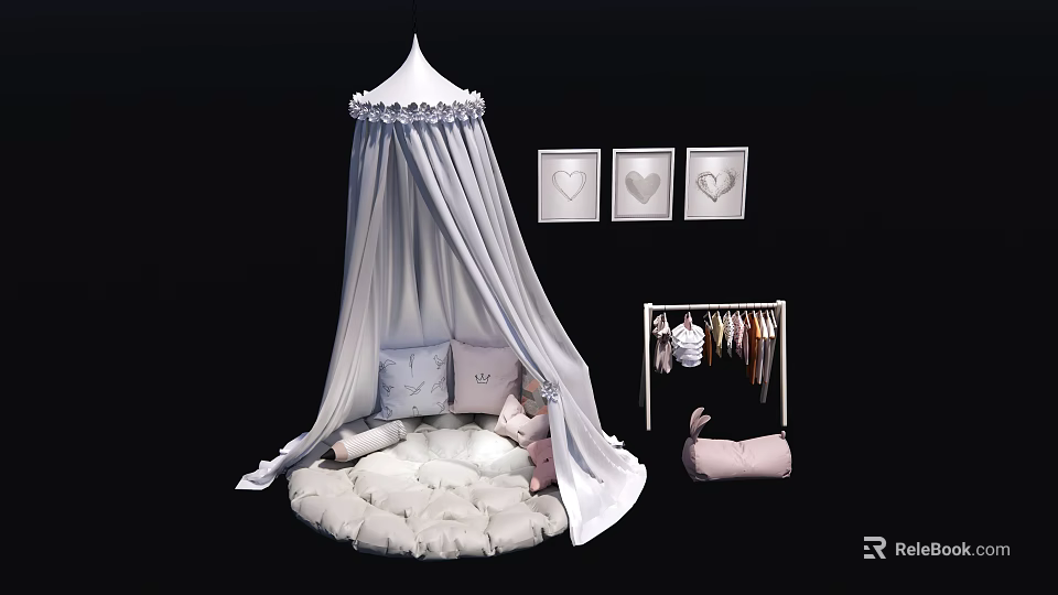 White Canopy With Round Cushion Pillows Three Heart Wall Frames And Clothes Rack 3d model