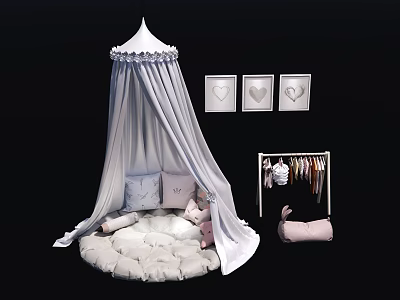 White Canopy With Round Cushion Pillows Three Heart Wall Frames And Clothes Rack 3d model