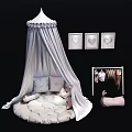 White Canopy With Round Cushion Pillows Three Heart Wall Frames And Clothes Rack 3d model