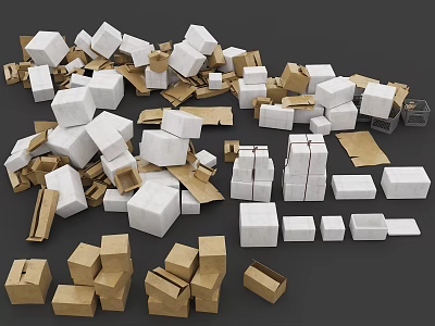 White And Brown Cardboard Boxes Scattered On Black Background With Various Sizes 3d model