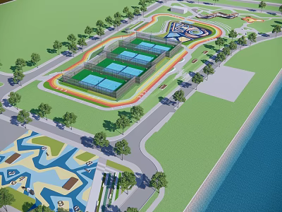 Park Landscape With Green Lawns Colorful Circular Paths Trees Colorful Paved Areas And Waterfront 3d model