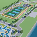 Park Landscape With Green Lawns Colorful Circular Paths Trees Colorful Paved Areas And Waterfront