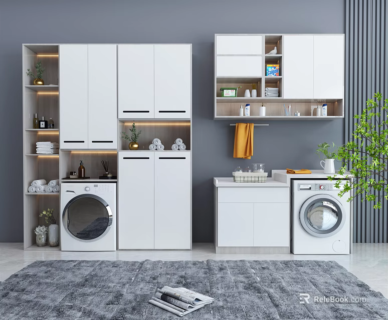 Modern Bathroom Cabinet Rack With White Storage Shelves Laundry Machine And Countertop 3d model 