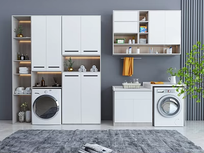 Modern Bathroom Cabinet Rack With White Storage Shelves Laundry Machine And Countertop 3d model