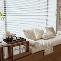 Cozy Window Seat Interior with White Blinds Green Plant Pillows and Bookshelf