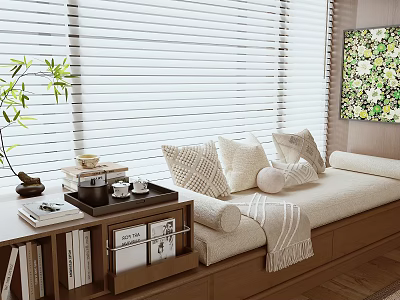 Cozy Window Seat Interior with White Blinds Green Plant Pillows and Bookshelf 3d model