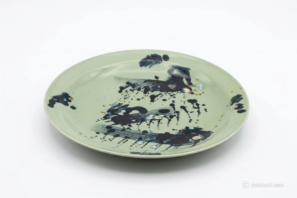 Decorative Light Green Ceramic Plate With Black And Dark Blue Abstract Splatter Design 3d model 