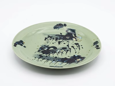Decorative Light Green Ceramic Plate With Black And Dark Blue Abstract Splatter Design 3d model