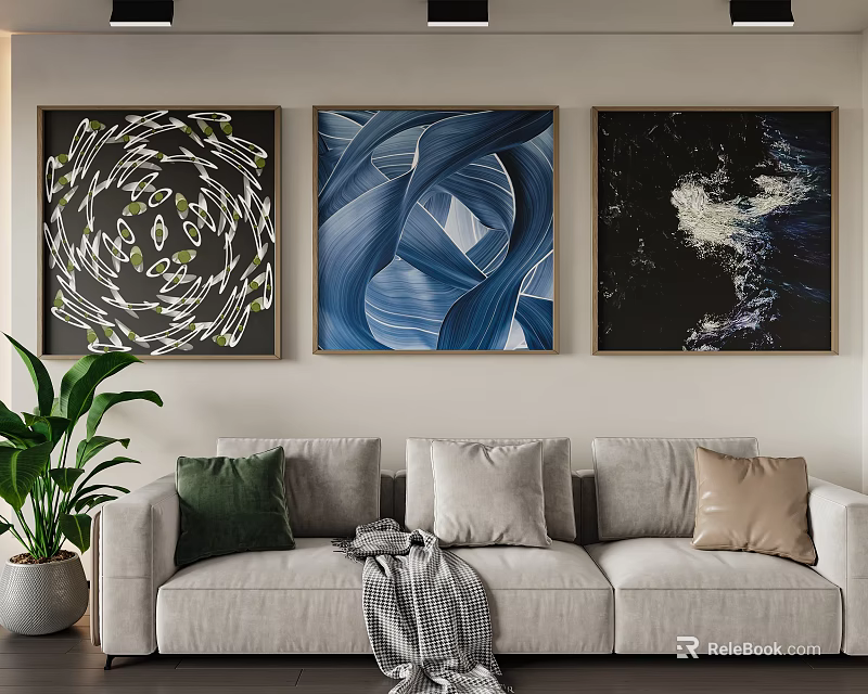 Modern Living Room With Three Decorative Paintings Light Gray Sofa Cushions And Green Plant 3d model 