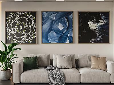 Modern Living Room With Three Decorative Paintings Light Gray Sofa Cushions And Green Plant 3d model