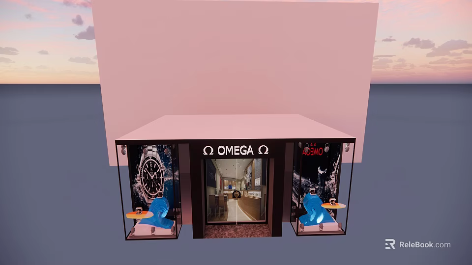 OMEGA 007 Themed Window Display With Luxury Watches And Blue Decor Elements 3d model 