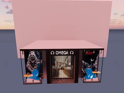 OMEGA 007 Themed Window Display With Luxury Watches And Blue Decor Elements 3d model