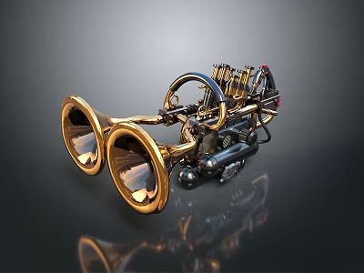 Shiny Golden Tires With Mechanical Engine And Metal Parts Design Structure 3d model
