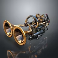 Shiny Golden Tires With Mechanical Engine And Metal Parts Design Structure