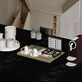 Home Coffee Corner Setup With Cups Glassware Tray Machine And Water Bottles 3d model