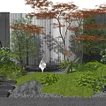 Garden Courtyard Featuring Red Maple Tree Waterfall Wall Grass Stones And Lanterns 3d model