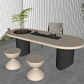 Elegant Oval Tea Table Black Base Round Stools In Light Filled Room With Potted Plants 3d model
