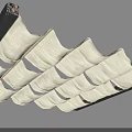 Beige Wavy Layered Ceiling Drapery Design With Wooden Frame Accents