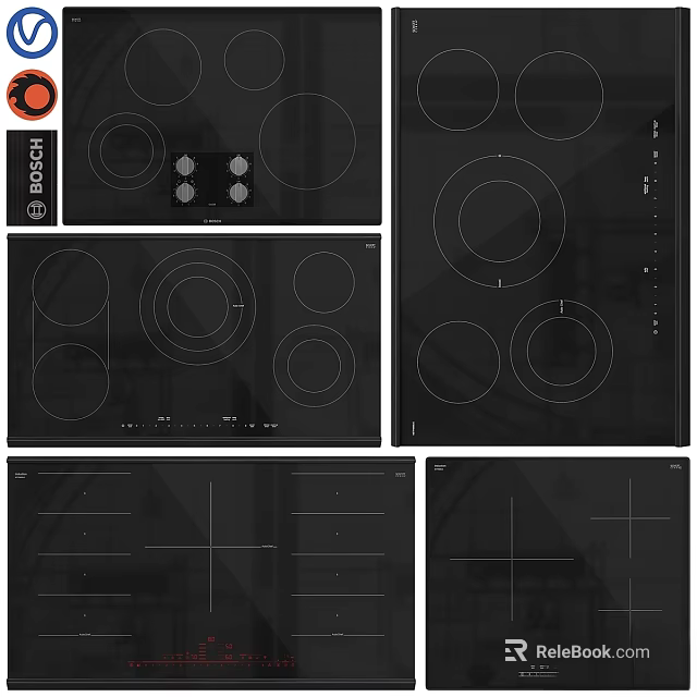Black Kitchen Cooktops With Various Circular Burners And Control Knobs Designs 3d model 