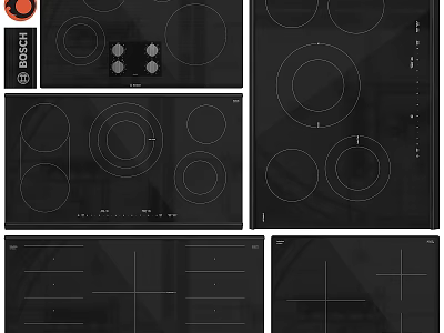 Black Kitchen Cooktops With Various Circular Burners And Control Knobs Designs 3d model