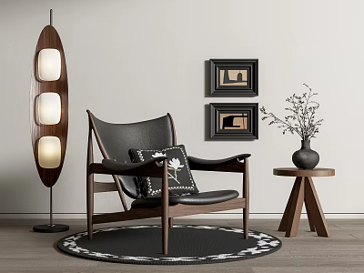 Leisure Chair with Wooden Frame Black Leather Pillow Floor Lamp Framed Artworks and Patterned Rug 3d model