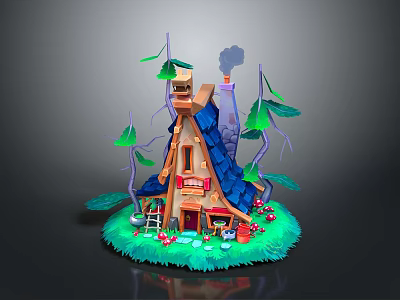 Fairy Tale Style Cottage With Blue Roof Smoking Chimney Green Trees And Mushrooms 3d model
