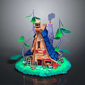 Fairy Tale Style Cottage With Blue Roof Smoking Chimney Green Trees And Mushrooms