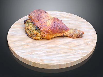 Juicy Roasted Chicken Leg with Crispy Skin on Wooden Round Cutting Board 3d model