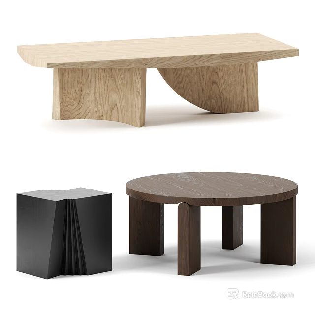 Light Wood Rectangular And Dark Wood Round Coffee Tables With Black Side Table 3d model 