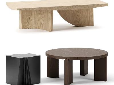 Light Wood Rectangular And Dark Wood Round Coffee Tables With Black Side Table 3d model