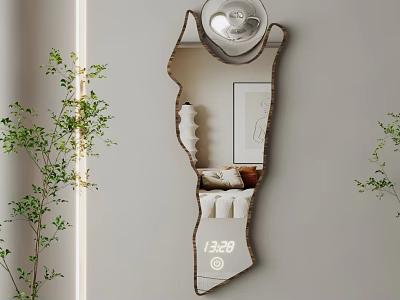Unique Shaped Decorative Mirror in Modern Interior with Green Plants and Wall Art 3d model
