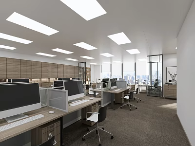 Bright Spacious Modern Open Office With Orderly Workstations Desktop Computers And Large City View Windows 3d model