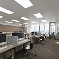 Bright Spacious Modern Open Office With Orderly Workstations Desktop Computers And Large City View Windows