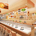 Orange Wooden Restaurant Interior With Open Counter Hanging Menu Signs Neat Dish Rack And Tables