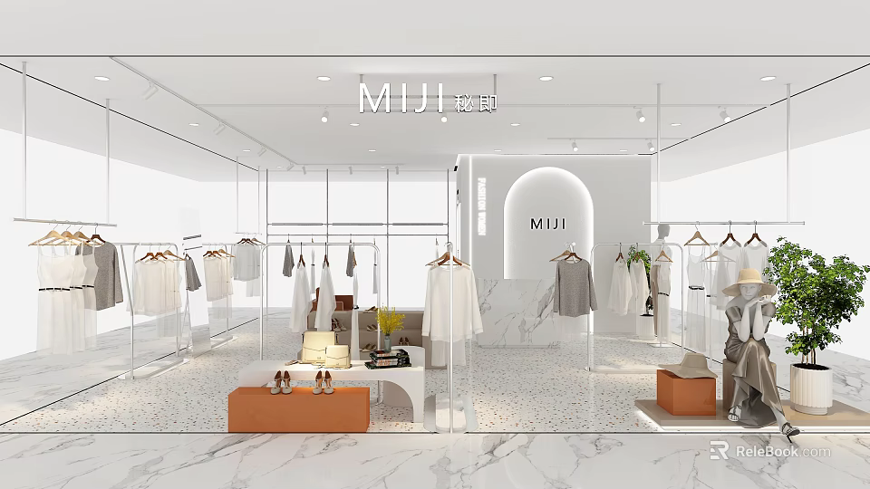 Modern Clothing Store Interior Design With Apparel Racks Display Tables And Marble Floor 3d model 