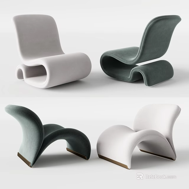 Modern Curved Single Sofa in Gray and White with Soft Fabric and Sturdy Metal Legs 3d model 
