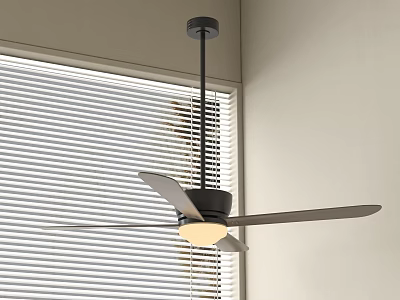 Black Ceiling Fan with Venetian Blinds Near Window and Light in Center with Blades 3d model