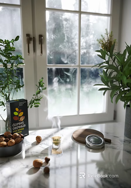 Window Sill Decorative Ornaments Set Featuring Green Plants Chestnuts Wooden Tray And Steaming Cup 3d model 