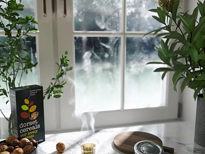 Window Sill Decorative Ornaments Set Featuring Green Plants Chestnuts Wooden Tray And Steaming Cup 3d model