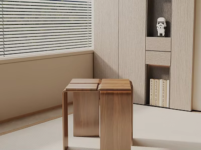 Wooden Two Piece Side Table In Modern Room With Window Blinds And Cabinet 3d model