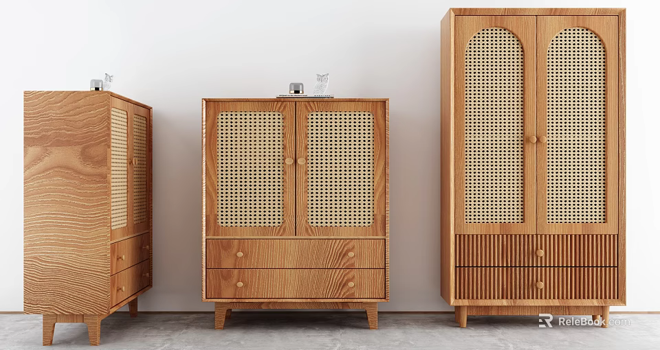 Wooden Entryway Console Cabinets With Rattan Doors And Drawer Design For Home Decor 3d model 