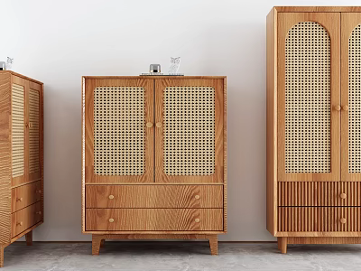 Wooden Entryway Console Cabinets With Rattan Doors And Drawer Design For Home Decor 3d model
