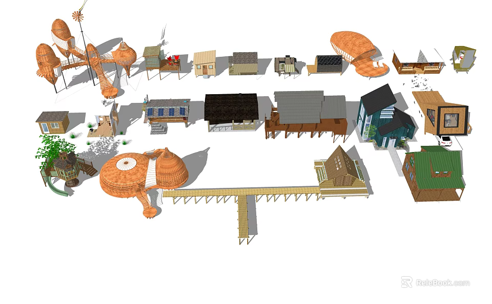 Various Wooden House Models With Different Roof Styles And Architectural Designs 3d model 