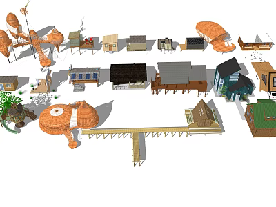 Various Wooden House Models With Different Roof Styles And Architectural Designs 3d model
